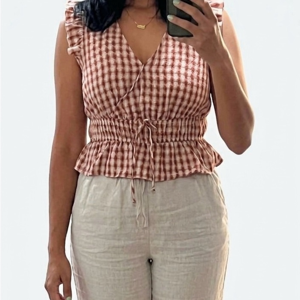 Pink Rose Pink Gingham Ruffled Smocked Waist Camisole